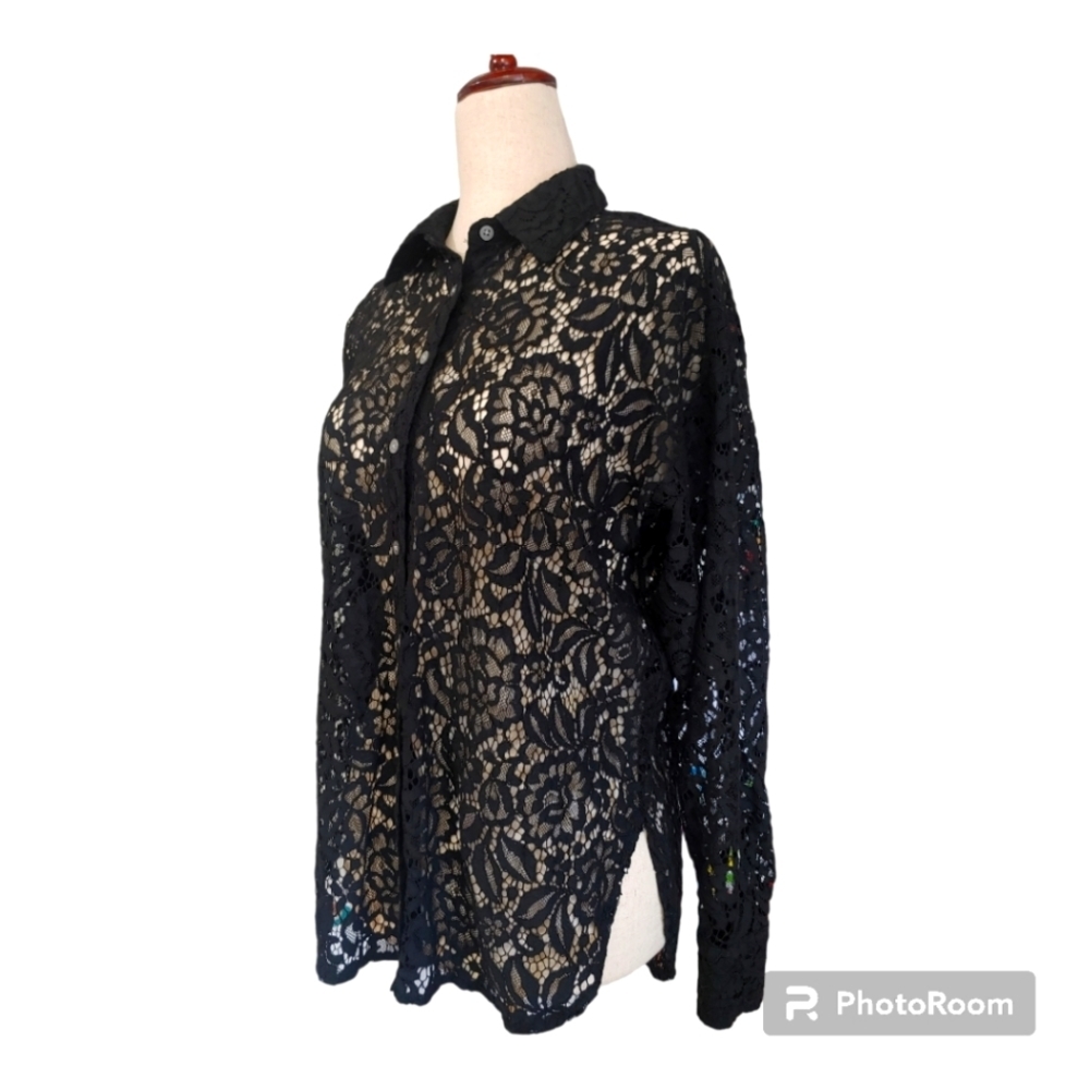 Loft Button Down Collared Top Black Lace Size Xs … - image 3